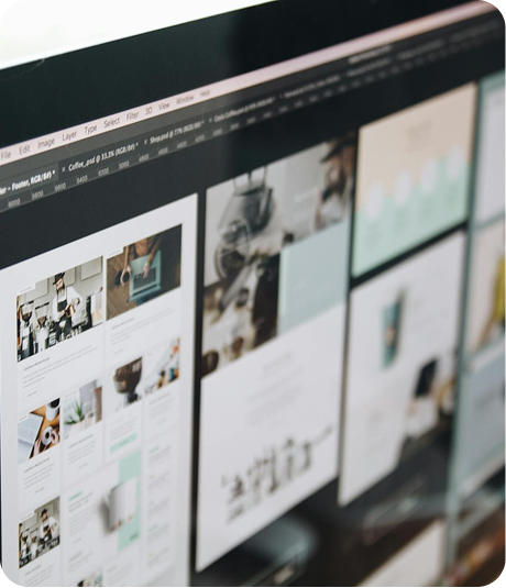 Computer screen displaying a webpage or design template with multiple thumbnails of interior design or office space images.