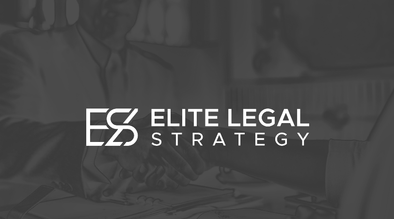 Logo for Elite Legal Strategy with a background of a handshake in a professional setting.
