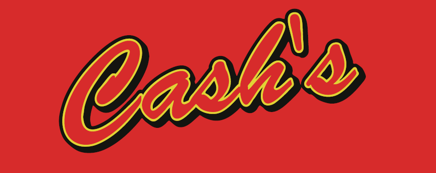 Red background with the word 'Cashes' written in large, yellow and black cursive font.