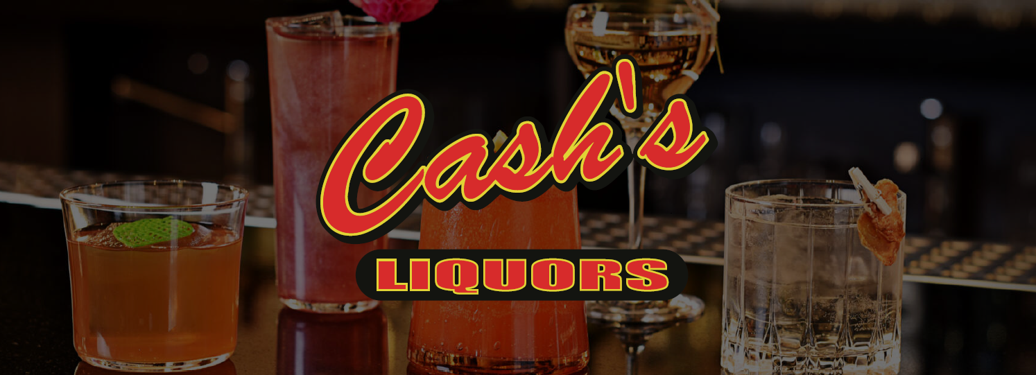A bar counter with various colorful cocktails and drinks, and a sign reading 'Cash's Liquors' in bold red and yellow lettering.