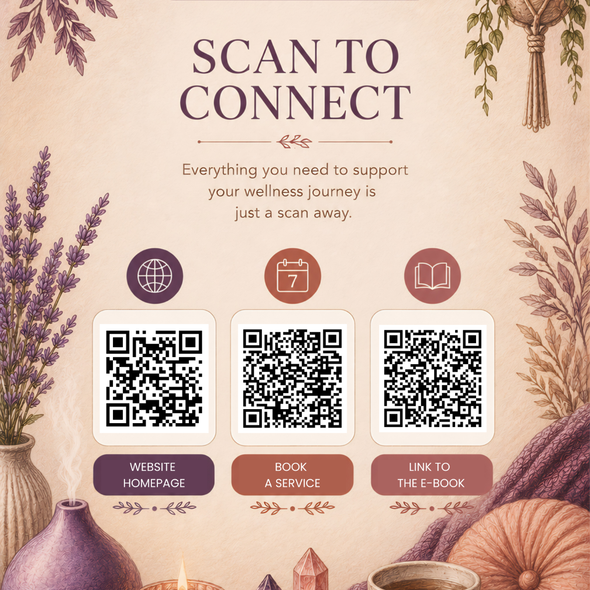 A wellness support sign with the title 'Scan to Connect' and three QR codes for website homepage, booking a service, and linking to an e-book. The background features autumn-themed decorations, including lavender, leaves, and cozy items.
