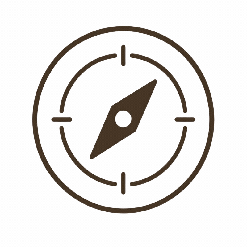A black outline drawing of a compass with a dial pointing northeast.