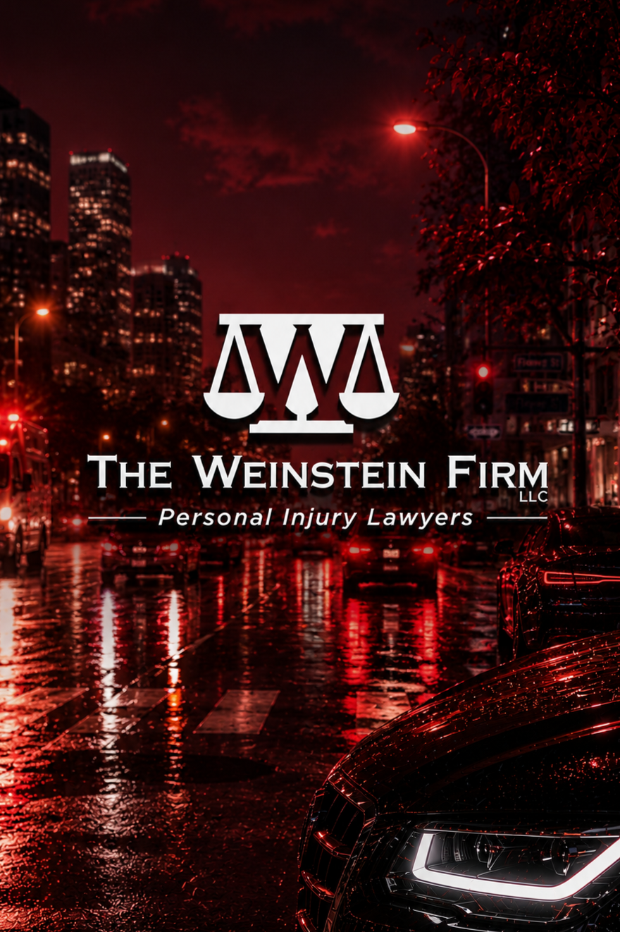 Night city street scene with wet pavement reflecting red and orange lights, tall buildings, a streetlamp, and a black luxury car in the foreground. Overlay text reads 'The Weinstein Firm LLC Personal Injury Lawyers' with a logo of scales.