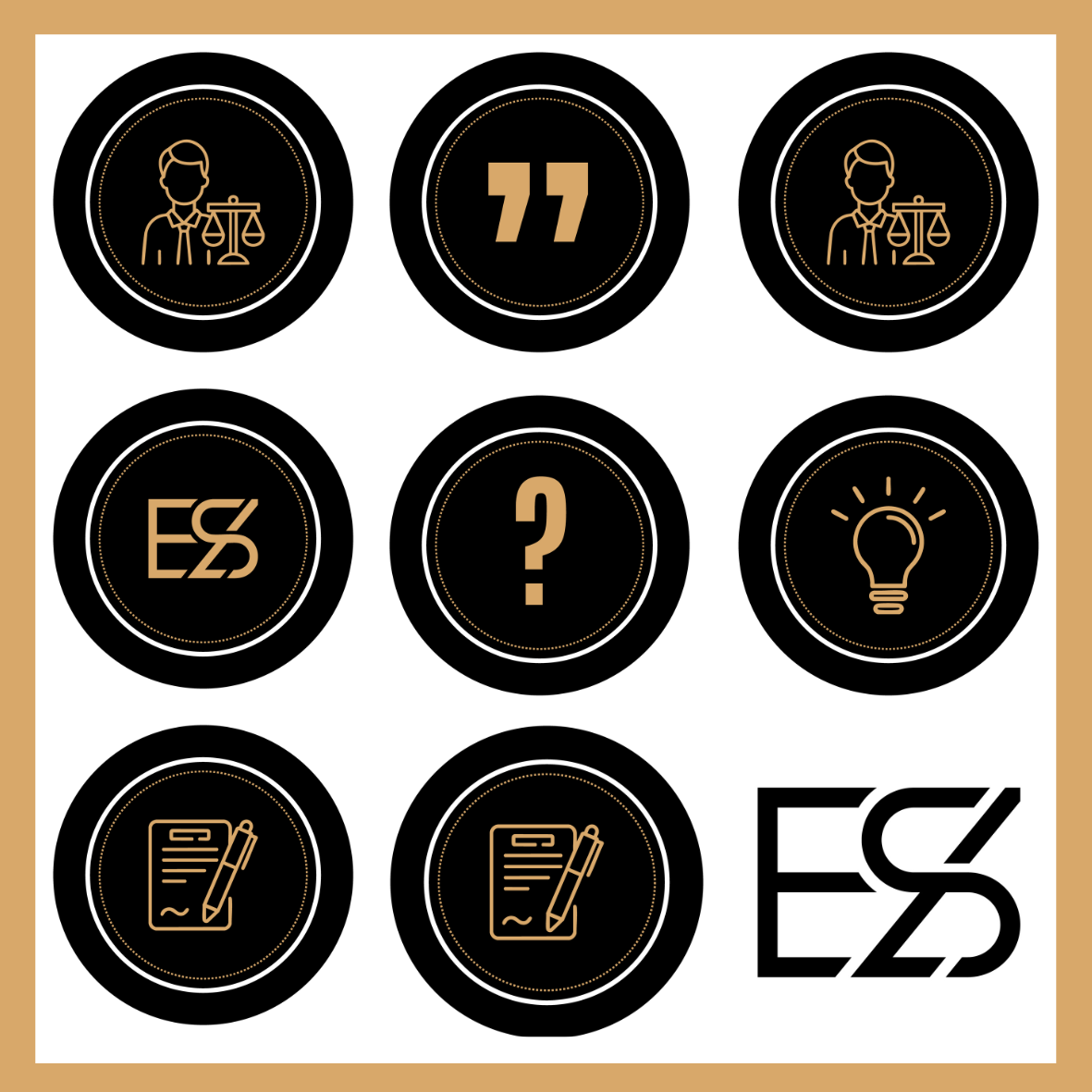 A grid of nine black circles with gold icons and symbols, including a person with scales of justice, quotation marks, legal initials, a question mark, a light bulb, a document with a pen, and a stylized legal initials logo.