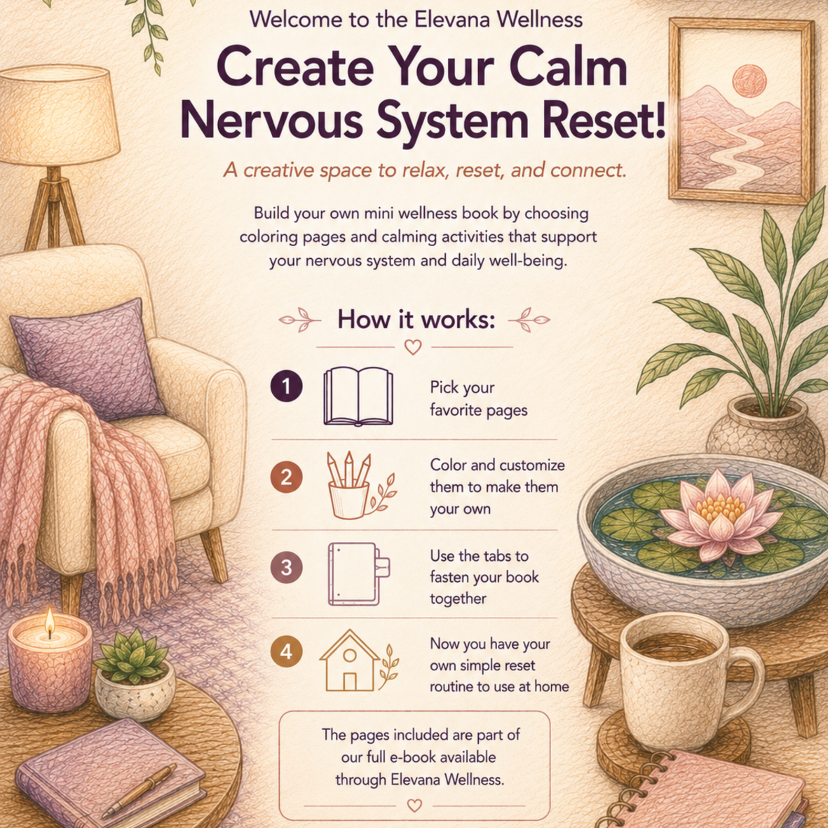 An infographic promoting a wellness activity called "Create Your Calm Nervous System Reset". It explains how to build a mini wellness book by choosing coloring pages and calming activities to support nervous system and well-being. The steps include picking favorite pages, coloring and customizing them, using tabs to fasten the book, and creating a simple routine to use at home. The background is a cozy living room with a beige armchair, a pink pillow, a pink throw, and a small table with a candle, a succulent, a notebook, and a pen. There is also a side table with a bowl of water and a lotus flower, a coffee mug, and framed artwork of a mountain landscape with a sunset.