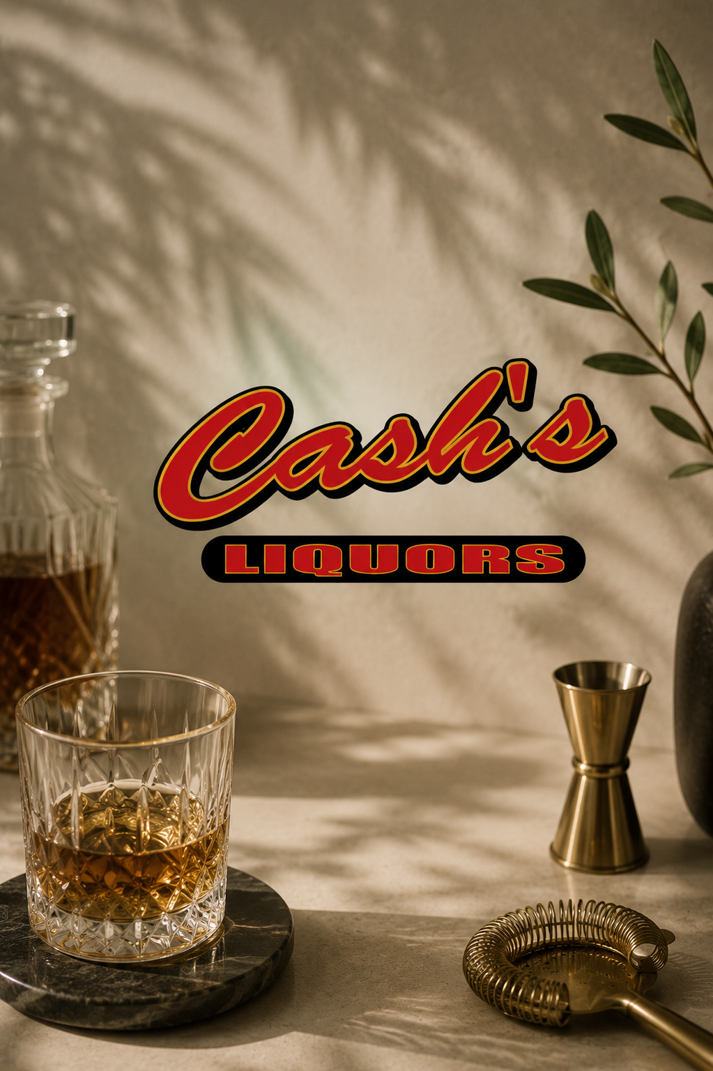 A glass of whiskey on a marble coaster, a decanter of whiskey, a gold jigger, a gold cocktail strainer, a potted plant, and a vintage 'Cash's Liquors' sign, with shadows cast on the wall