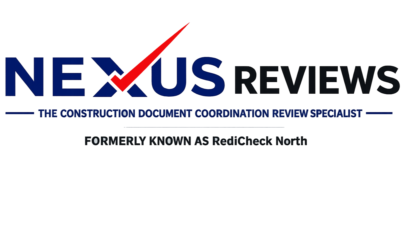 Logo for Nexus Reviews, a construction document coordination review company, with text indicating their former name as RedCheck North.