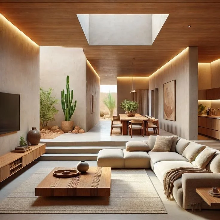 Modern living room with beige sofa, wooden coffee table, wall-mounted TV, and decor in neutral tones. Open dining area with wooden table and chairs, large natural light source, and desert plants visible through open doorway.