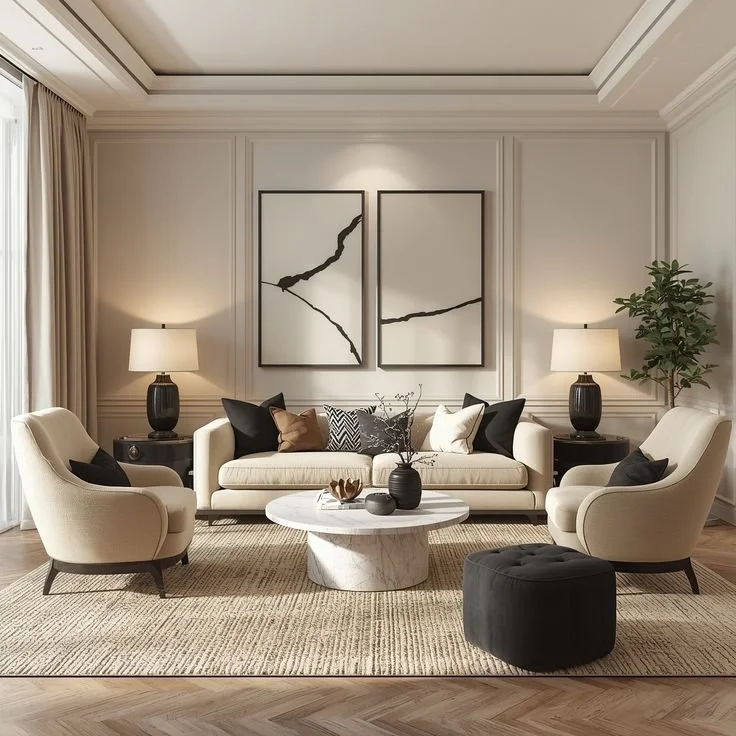 A modern living room with a white sofa, two cream armchairs, and black accent pillows, centered around a round marble-top coffee table, with two black side tables with lamps, framed abstract art on the wall, a potted plant in the corner, and a beige area rug on wood flooring.