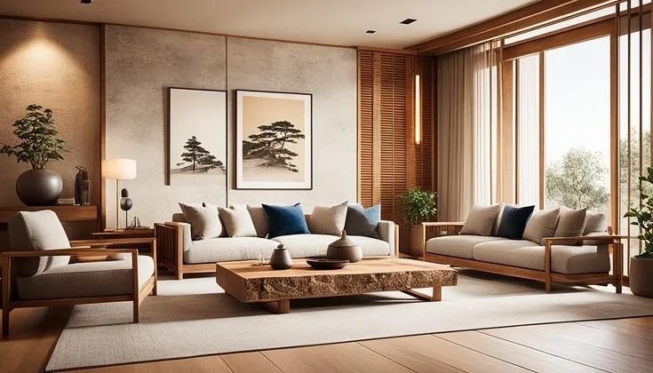 Modern living room with neutral-toned furniture, wooden accents, large windows with curtains, and minimalist decor including framed landscape artwork and indoor plants.