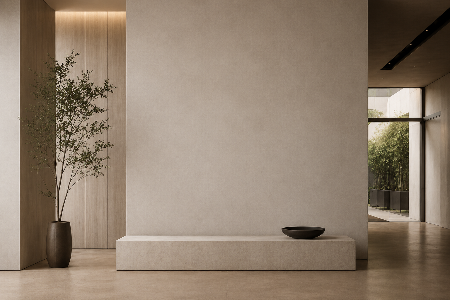 Minimalist interior with a tall potted plant on the left, smooth beige bench in center, and black bowl on the right, with large windows showing greenery outside.