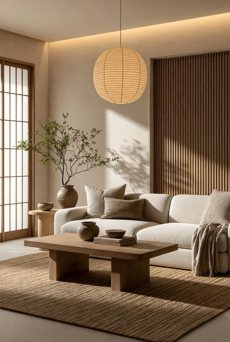 Living room with neutral-toned furniture, a beige sofa with throw pillows, a wooden coffee table with bowls and books, a potted tree, shoji screen window, and a paper lantern ceiling light.