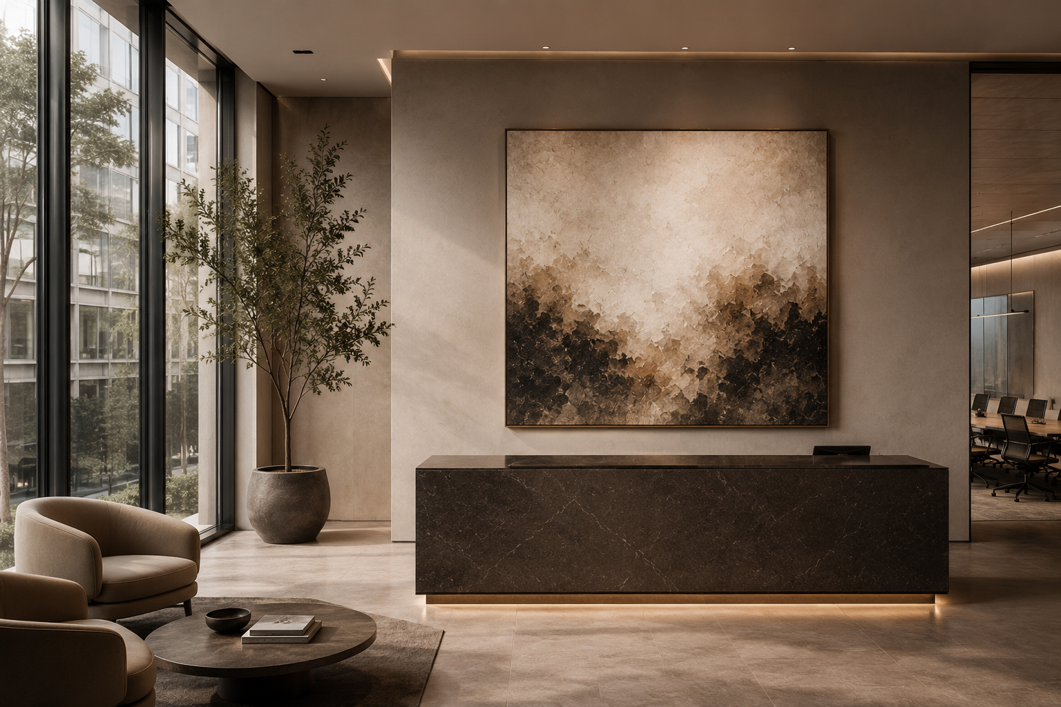 Modern office lobby with large window, beige armchairs, a round coffee table, potted plant, abstract painting on wall, dark marble reception desk, and a meeting room with chairs in the background.