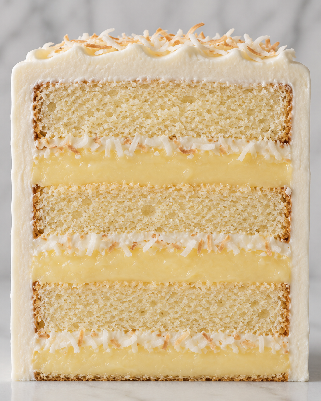 A sliced layered vanilla cake with white frosting, coconut flakes, and cream filling.