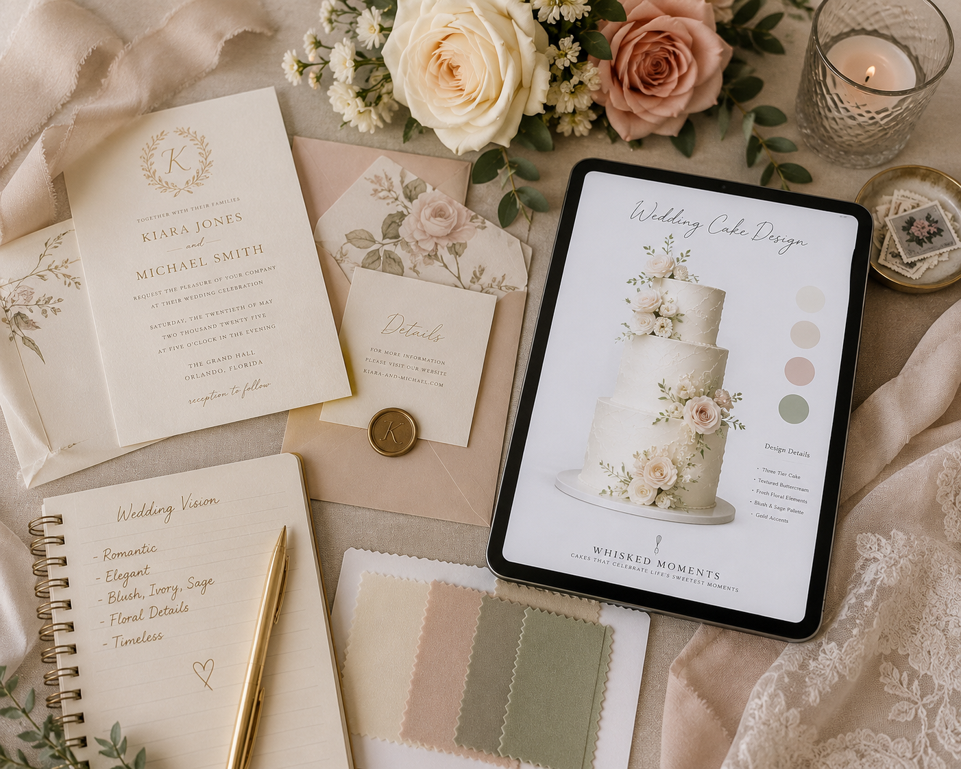 Wedding planning materials including invitations, a wedding cake design on a tablet, floral arrangements, a candle, a small dish of postage stamps, a gold pen on a wedding vision notebook, fabric swatches, and a decorated envelope with a wax seal.