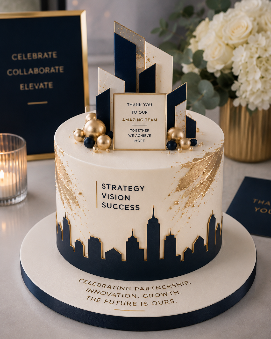 A celebration cake with a city skyline design at the base, decorated with gold and navy accents, and a message on top thanking the team. The cake is surrounded by flowers, candles, and framed messages about celebration, collaboration, and achievement.