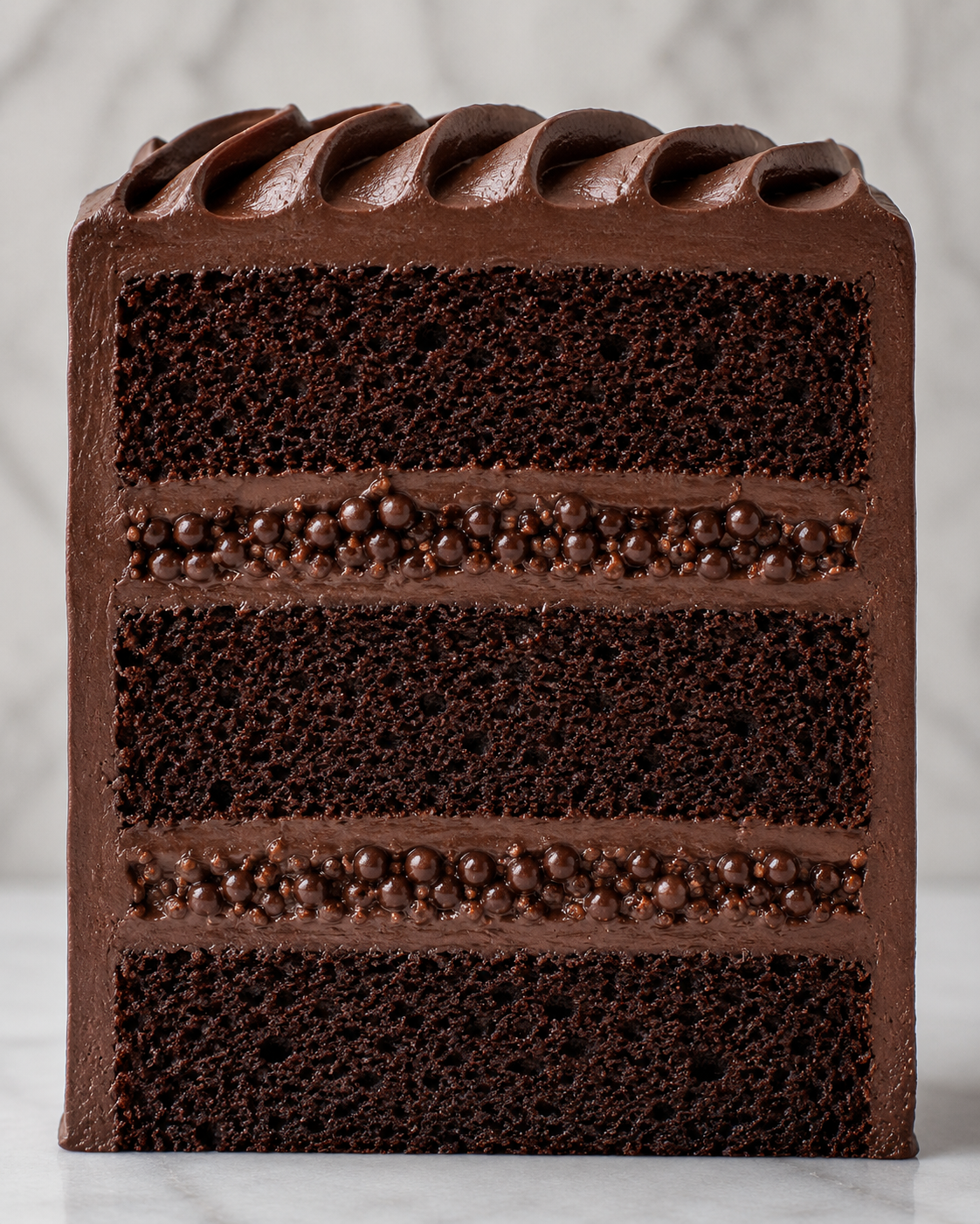 A tall slice of layered chocolate cake with dark chocolate frosting and chocolate sprinkles and pearls.