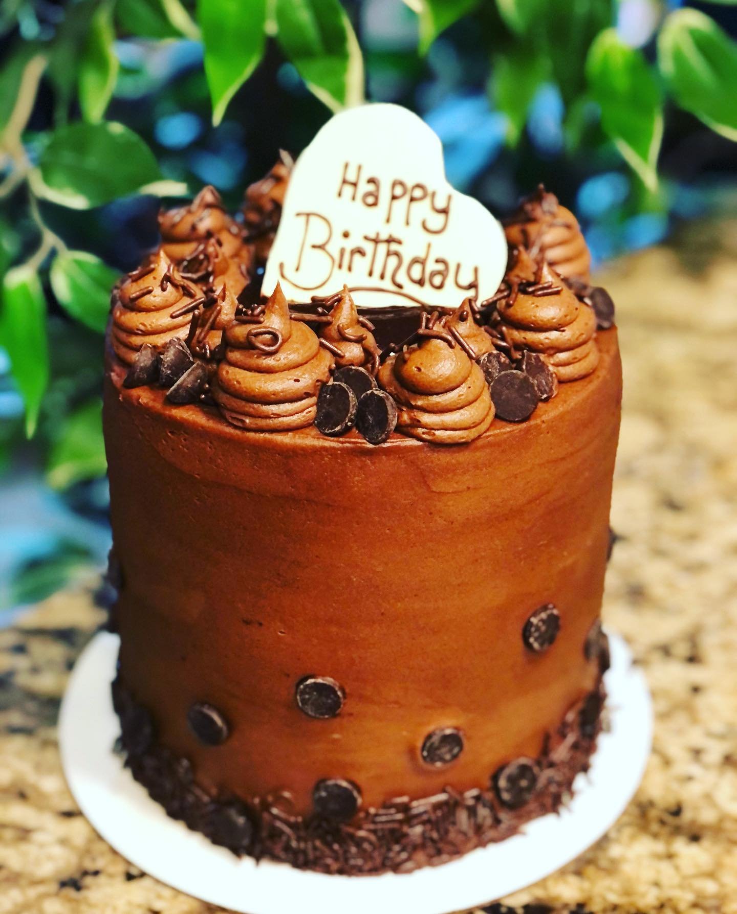 A chocolate birthday cake decorated with chocolate frosting, chocolate sprinkles, and chocolate chips, with a white heart-shaped top piece that says 'Happy Birthday' in brown writing, set on a cake stand.