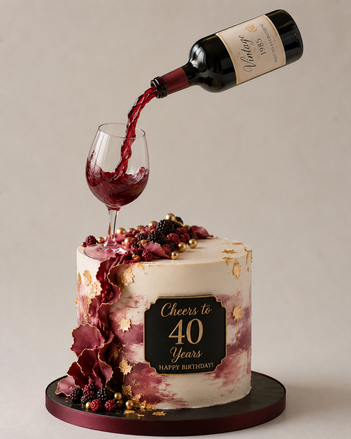 A birthday cake with a chocolate plaque that says "Cheers to 40 Years Happy Birthday!" topped with berries and gold leaf decorations, with red wine being poured into a glass on top.