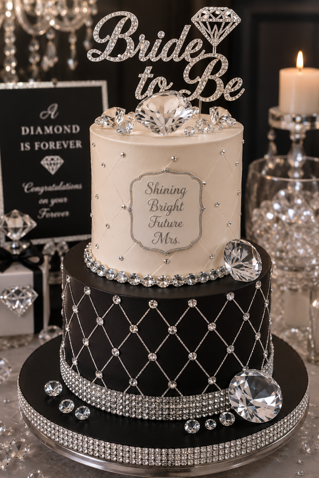 A two-tiered wedding cake decorated with rhinestones and faux diamonds, with a 'Bride to Be' topper and a sign that says 'A diamond is forever. Congratulations on your future.' The top tier is white with a quilted pattern and rhinestone accents, while the bottom tier is black with a diamond lattice pattern and rhinestone accents.