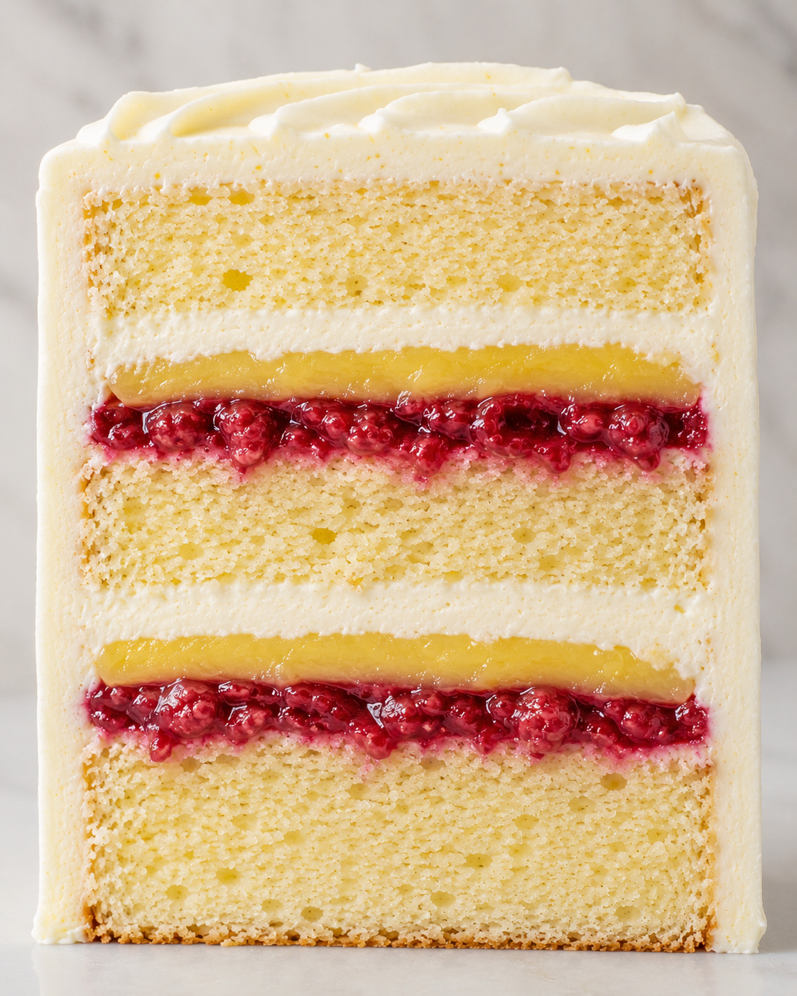Cross-section of a layered vanilla cake with raspberry jam and lemon curd filling.