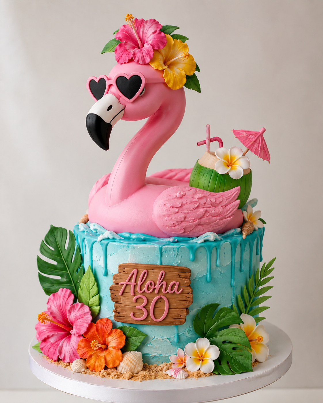 A birthday cake featuring a pink flamingo wearing sunglasses with a floral crown, sitting on a blue iced base with tropical leaves, hibiscus, and plumeria flowers, and a sign that reads "Aloha 30."