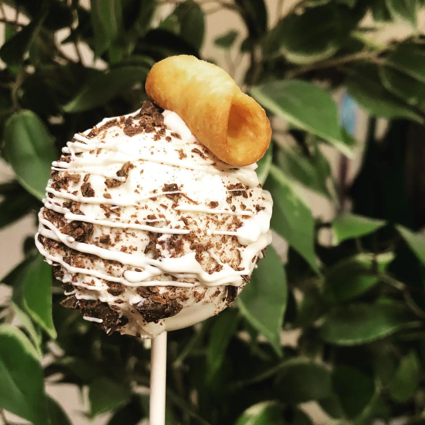 Ice cream ball covered with chocolate sprinkles and white chocolate drizzle, garnished with a crispy wafer roll, held on a stick in front of green leafy background.
