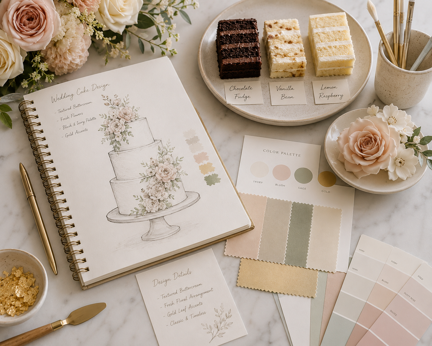 A flat lay of wedding cake design planning materials including a sketchbook with a wedding cake sketch, a pen, faux flowers, a plate of three small cake slices labeled chocolate fudge, vanilla bean, and lemon raspberry, color palettes, fabric swatches, a cup with paintbrushes, and small containers of glitter and decorative gold pieces.