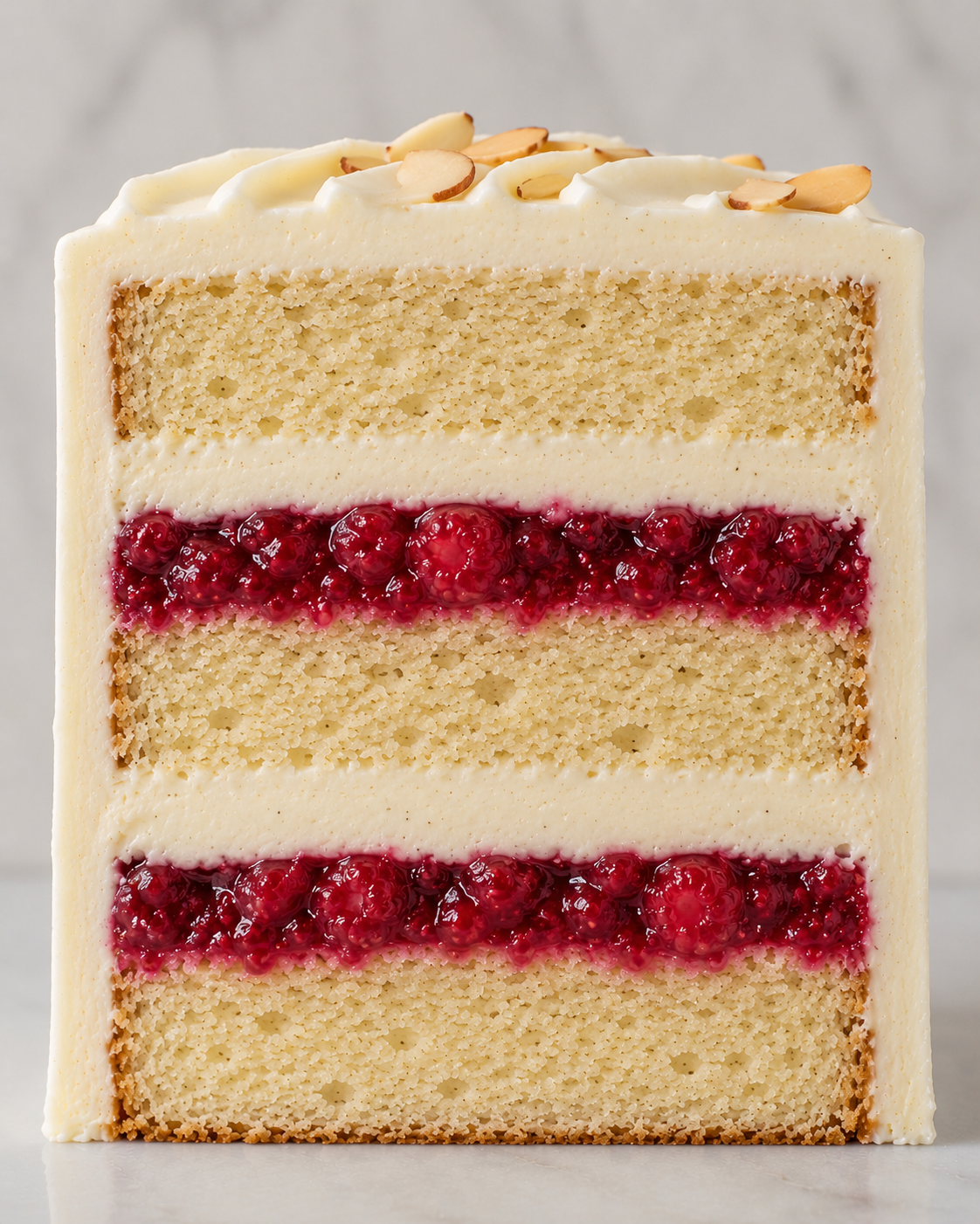 A cross-section of a layered vanilla sponge cake with cream filling, red berry preserves, and topped with almond slices.