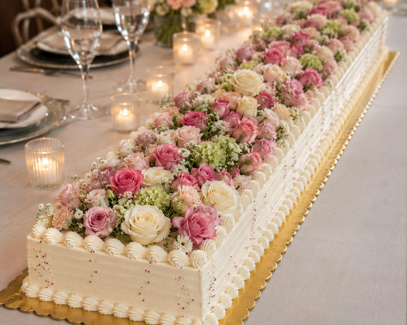 Long rectangular wedding cake decorated with pink and white roses and small white flowers, surrounded by candles and set for a celebration.