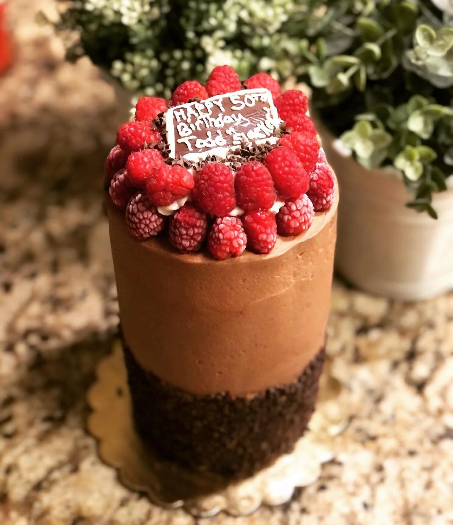 Miniature chocolate dessert topped with raspberries and a hand-written birthday message in white and dark chocolate, on a granite countertop with a potted plant visible in the background.