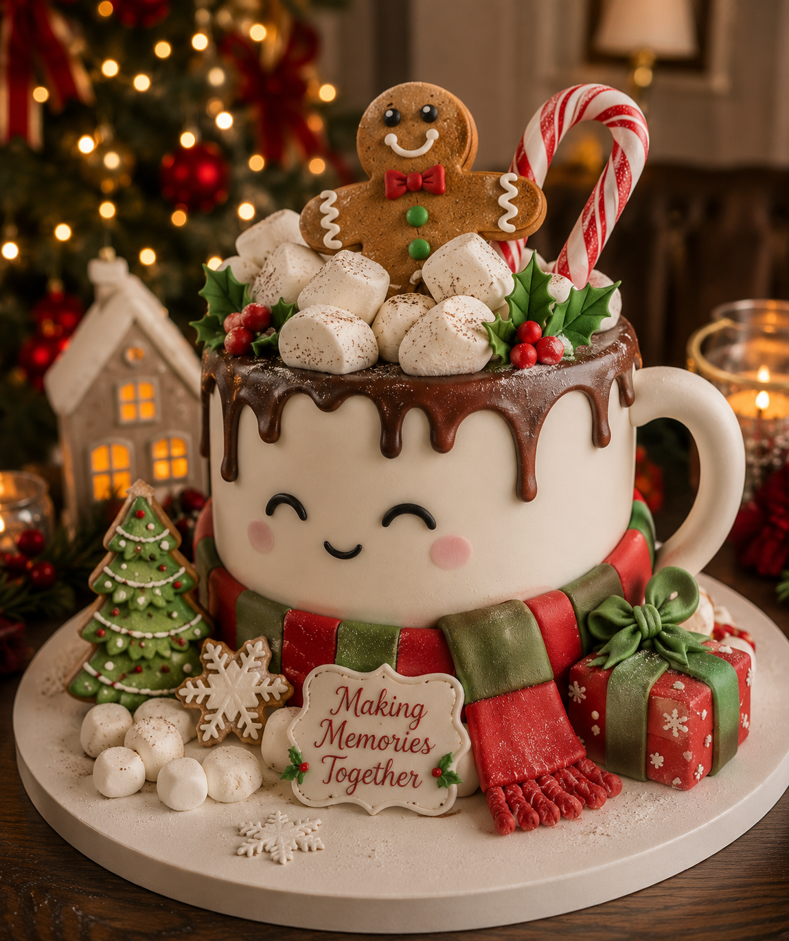 Christmas-themed cake with a smiling face, decorated with a gingerbread man, candy cane, holly leaves, and presents, surrounded by holiday decorations.
