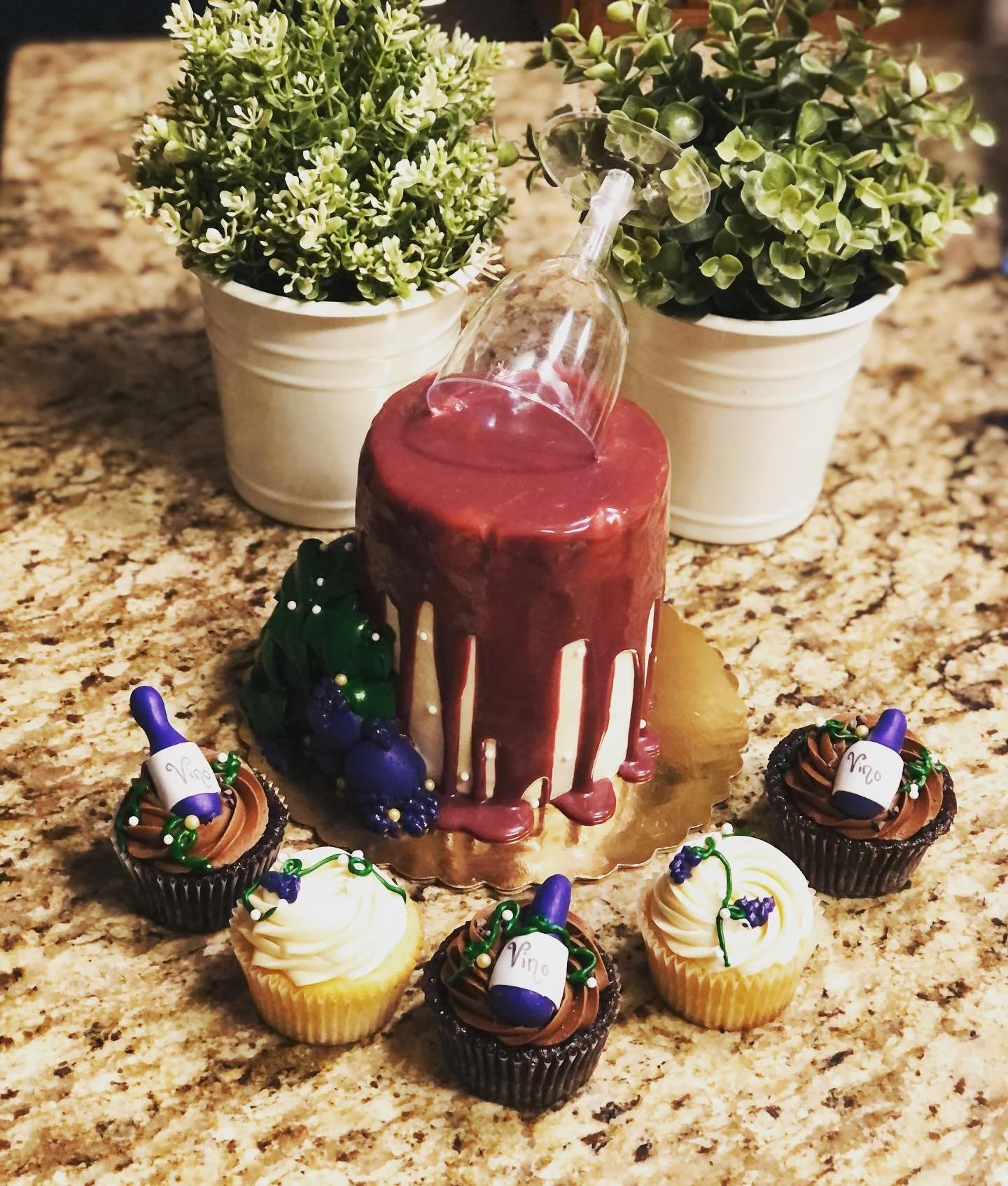 A birthday cake with red and white dripping icing, surrounded by cupcakes decorated with purple grapes, green leaves, and small bottles labeled 'Vino,' all placed on a granite countertop. Two potted plants are in the background.