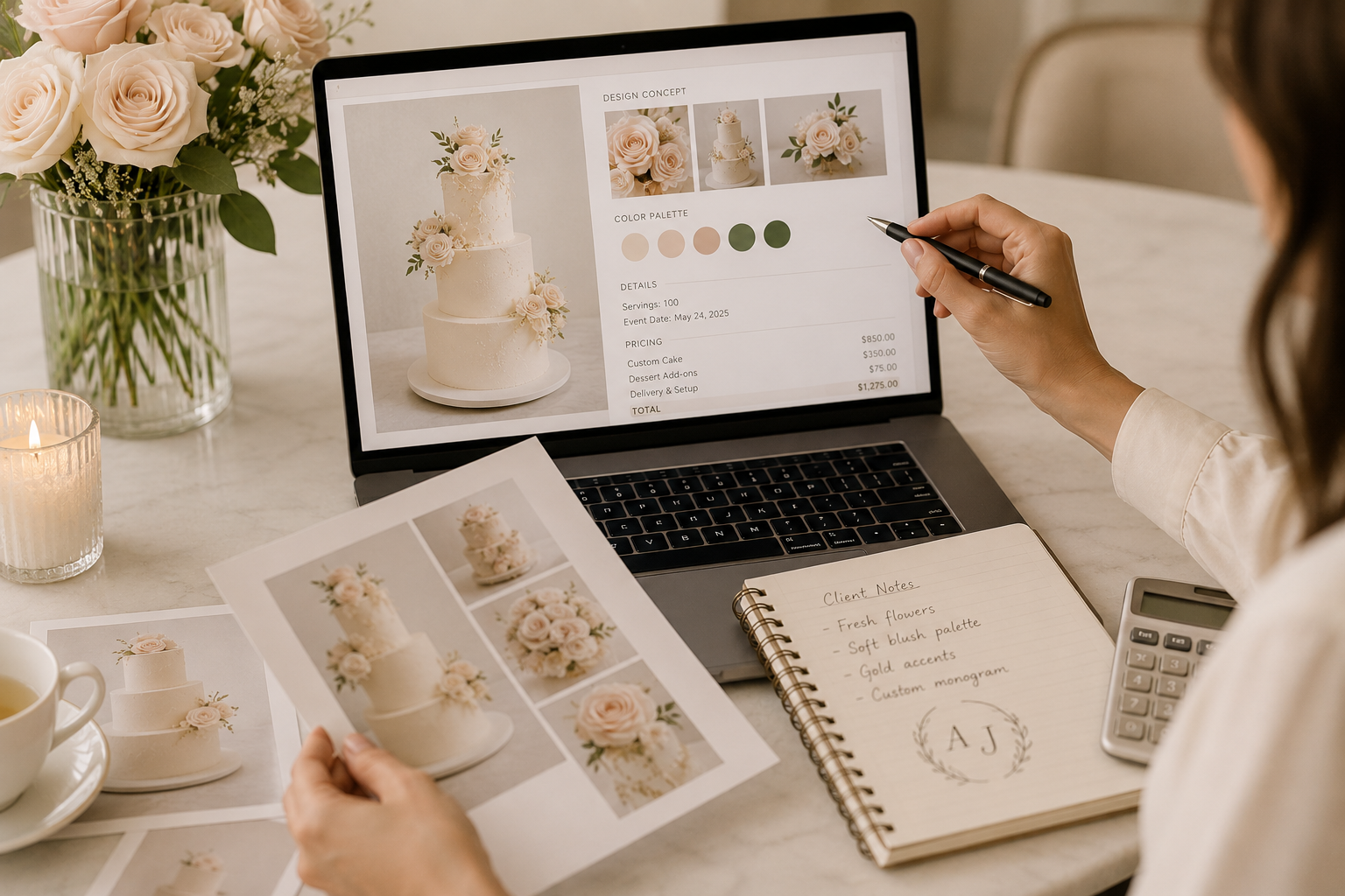 A person planning a wedding cake design on a laptop with floral images, color palette, and pricing details, surrounded by printed photos, a notebook with notes, a calculator, a cup, and lit candles on a white table.