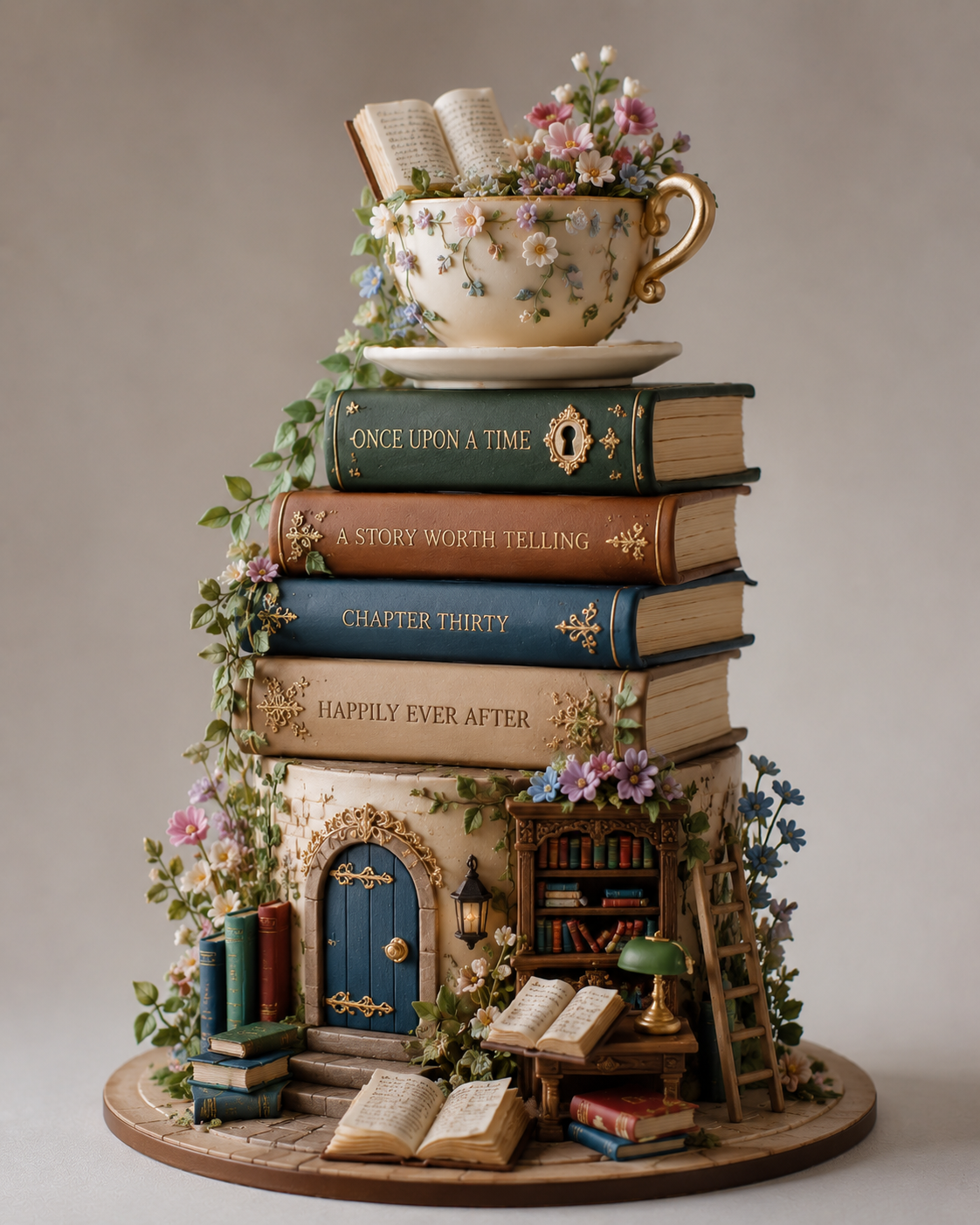 A decorative cake featuring a stack of books with a teacup filled with flowers on top, surrounded by flowers, a tiny door, and miniature furniture.