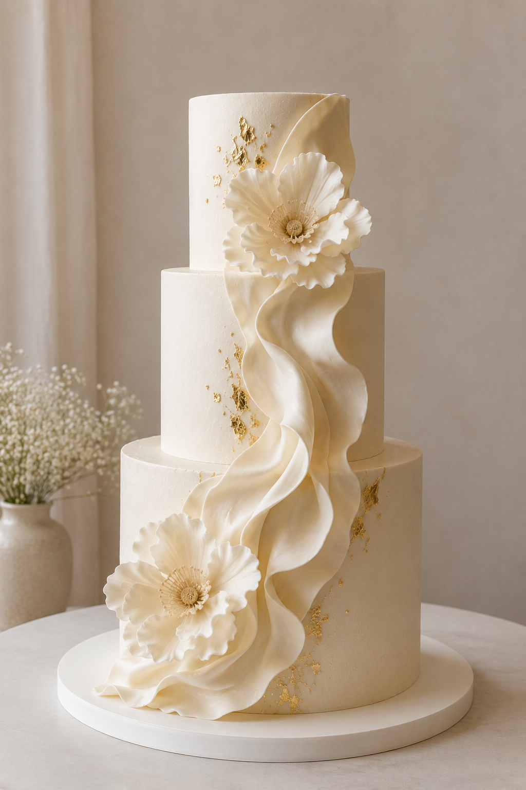 Elegant three-tier white wedding cake decorated with gold leaf and large white sugar flowers.