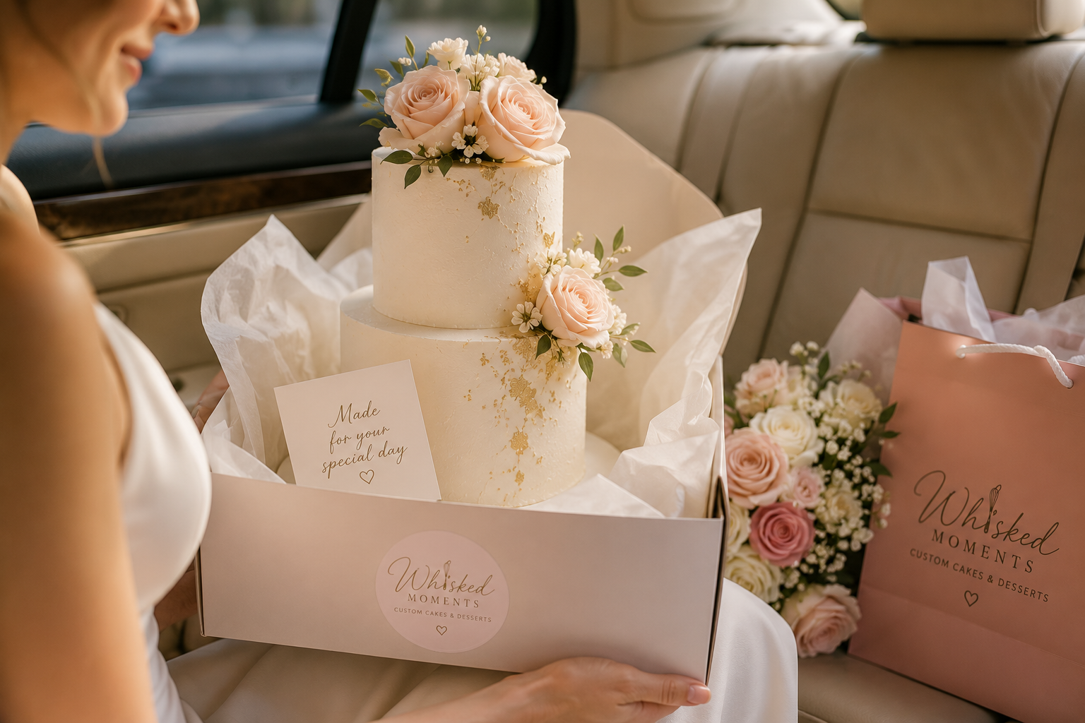 A woman holding a decorated white two-tier cake with pink roses and green leaves inside a car. There are pink and white flowers and gift bags around her, with a card that says 'Made for your special day' and a pink bag with 'Whisked Moments' logo.