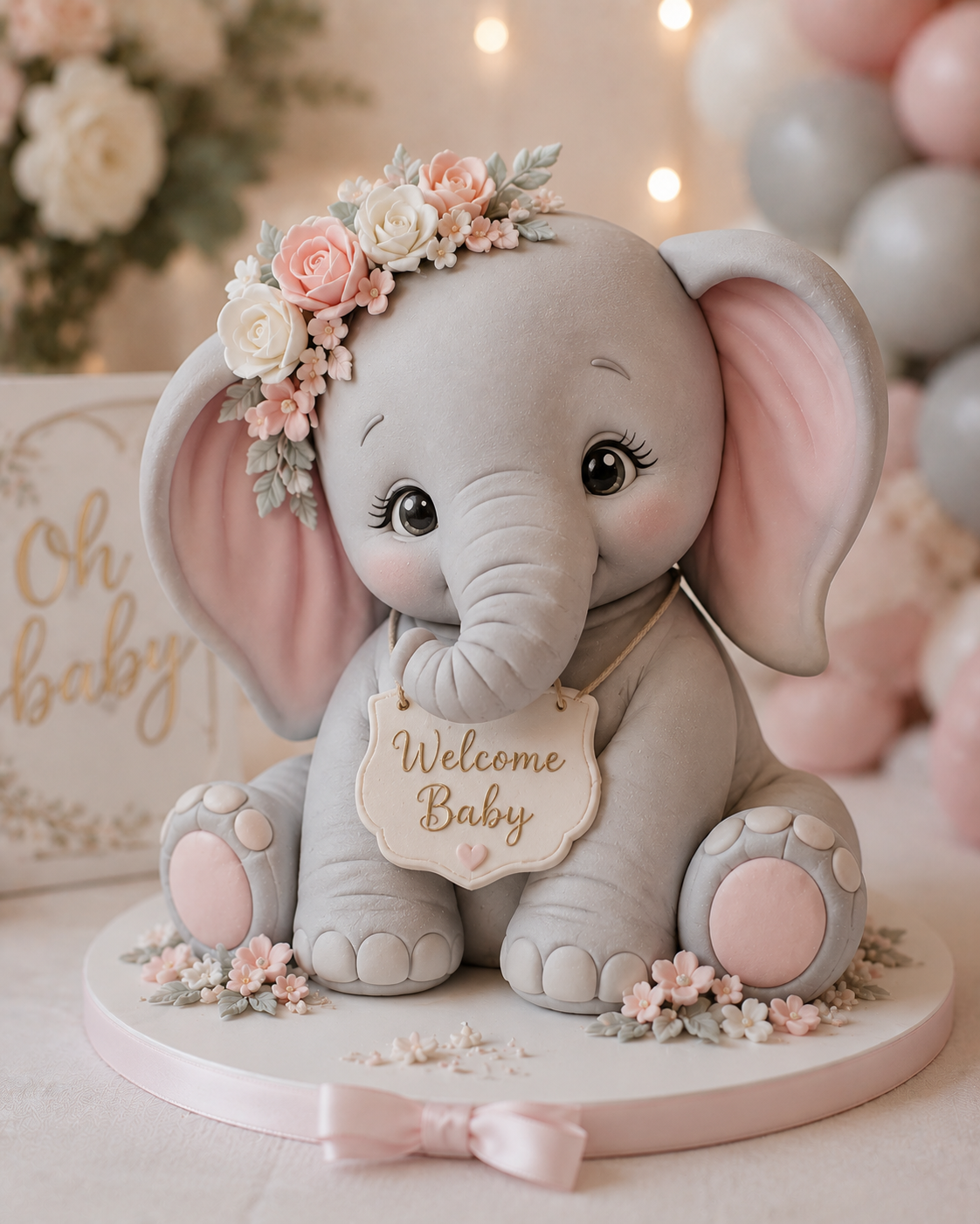 Plush elephant cake decorated with pink and white flowers, wearing a 'Welcome Baby' sign, with a background of balloons and flowers.