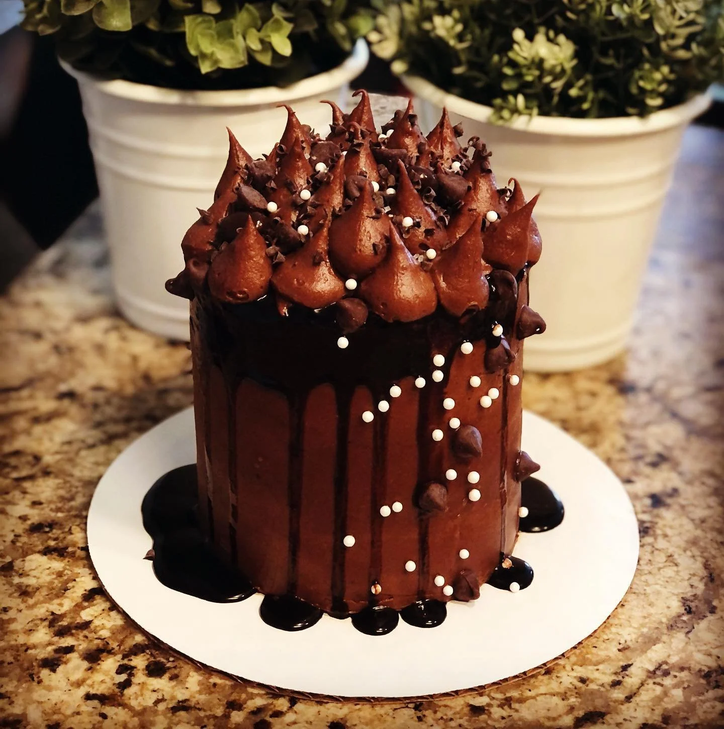A tall chocolate cake decorated with chocolate frosting, chocolate drizzle, chocolate chips, and white sprinkles, sitting on a white plate.