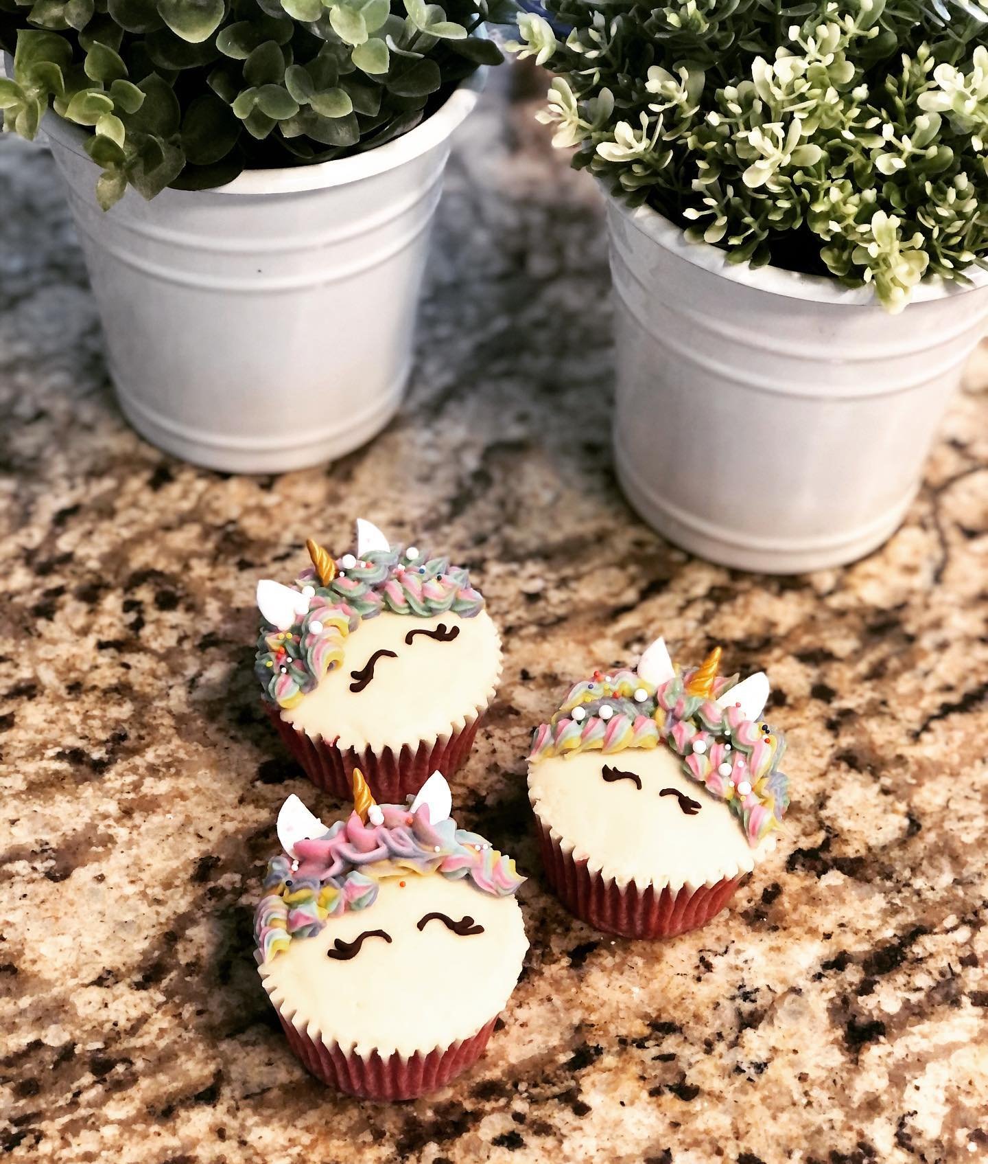 Three unicorn-themed cupcakes with white frosting, colorful rainbow sprinkles, and unicorn horn and ears decorations, placed on a granite countertop with two potted green plants in white pots in the background.