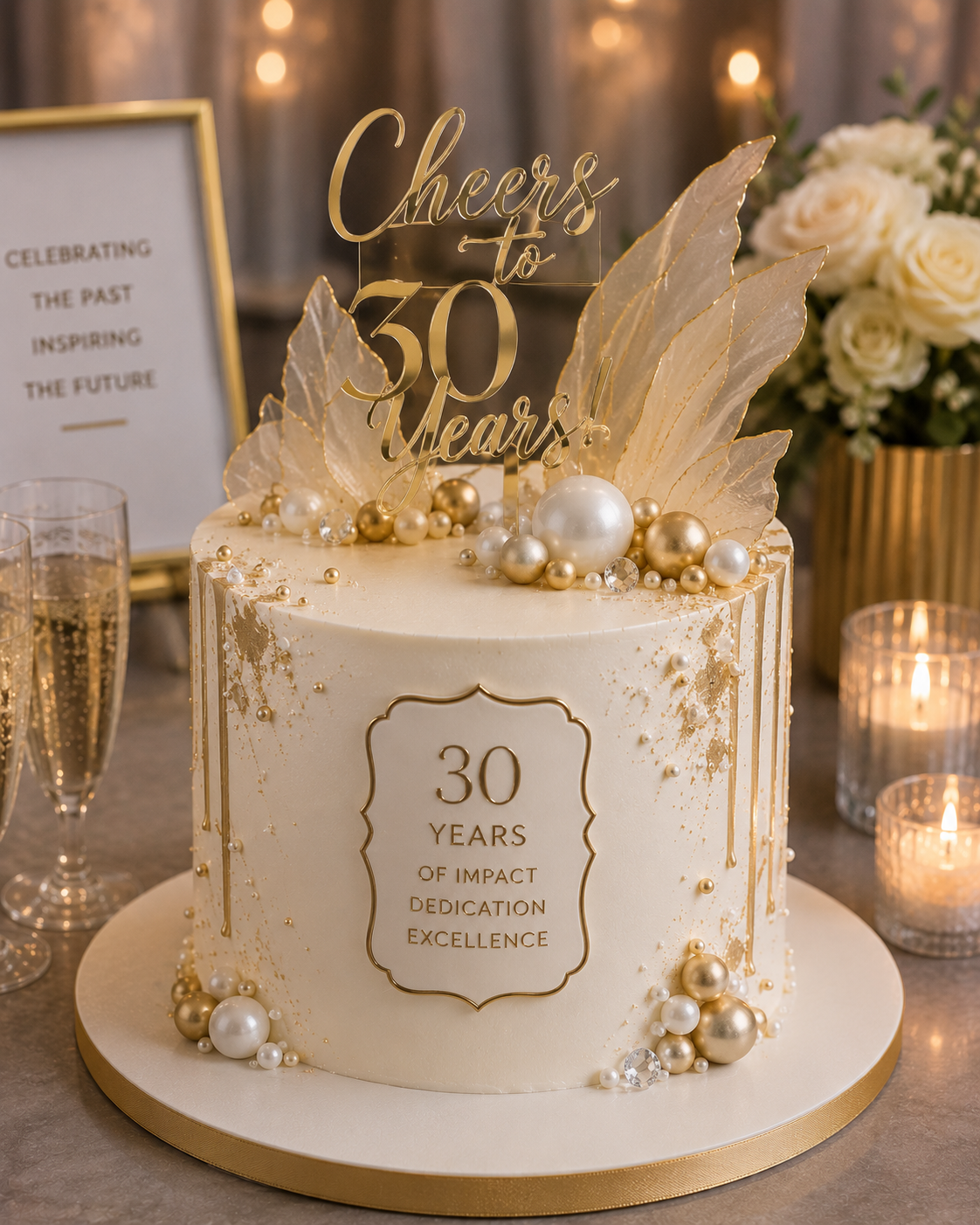 A decorated celebration cake with gold, white, and silver accents celebrating 30 years. The cake has a topper that says 'Cheers to 30 Years' and an inscription on the front that reads '30 Years of Impact Dedication Excellence.' It is surrounded by champagne glasses, candles, and flowers.