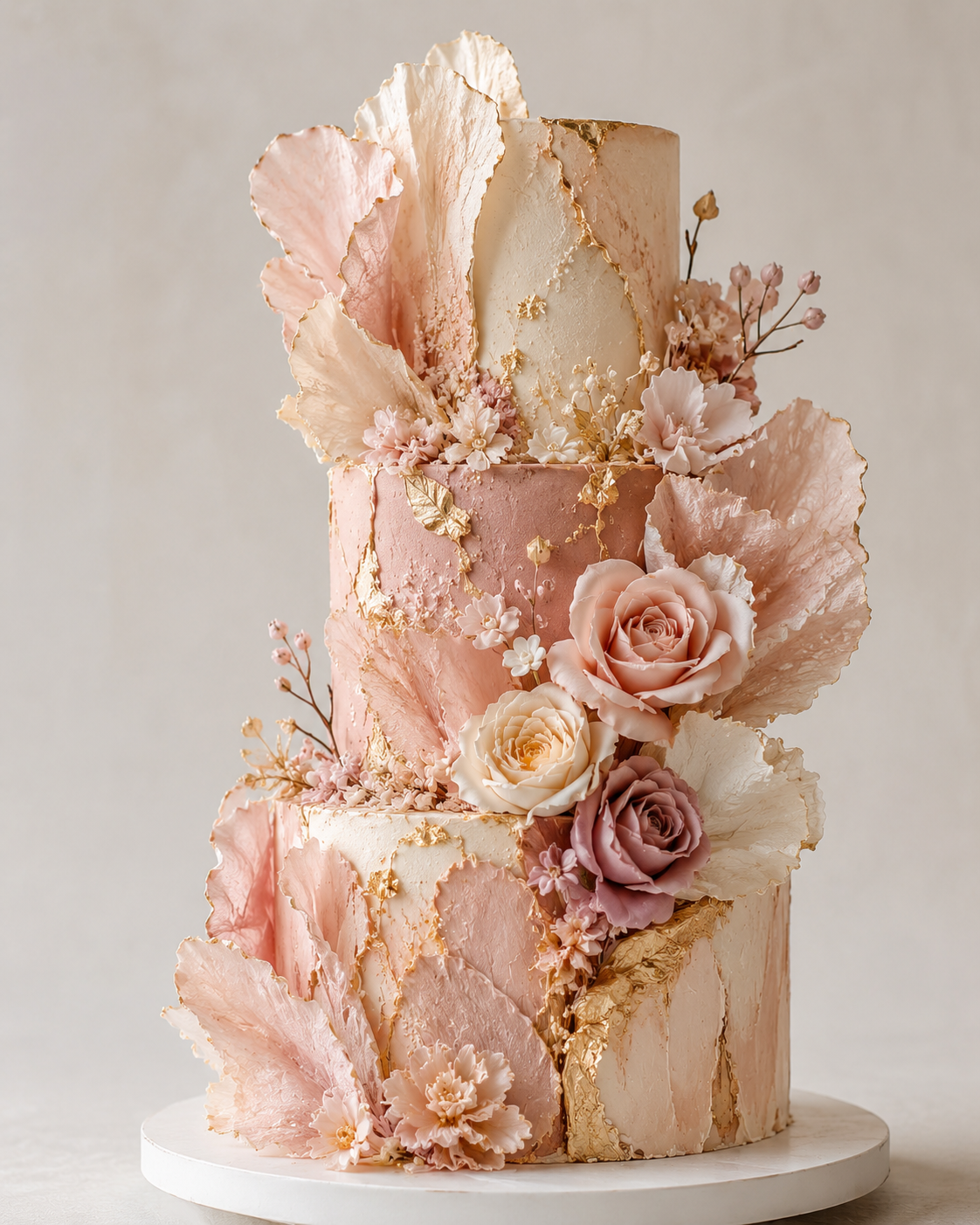 Pink and white multi-tiered wedding cake decorated with edible flowers, gold accents, and sugar leaves.