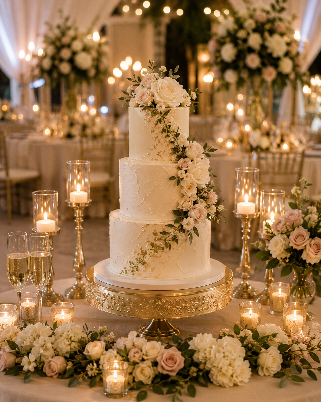 A four-tier wedding cake decorated with white and blush roses and greenery, surrounded by lit candles, champagne glasses, and floral arrangements in a decorated reception hall.