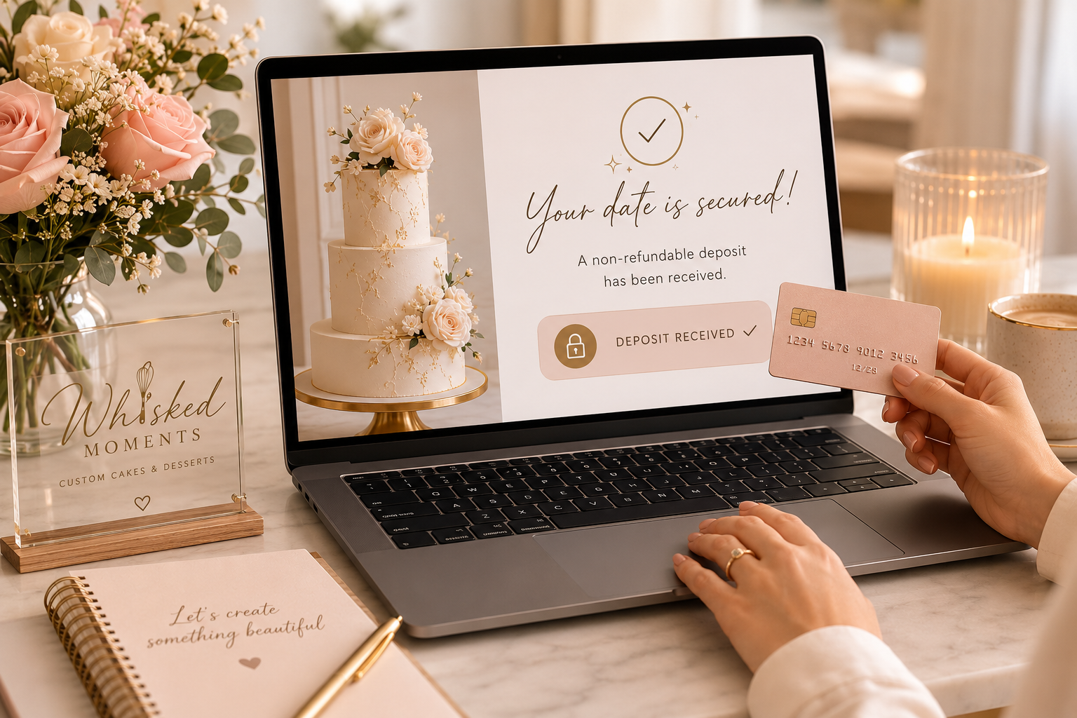 A person using a laptop with a wedding cake display on the screen, holding a credit card, surrounded by flowers, candles, and a sign for custom cakes and desserts.
