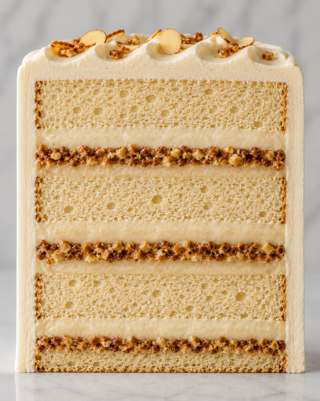 A cross-section of a layered vanilla cake with creamy frosting and caramelized hazelnuts between the layers.