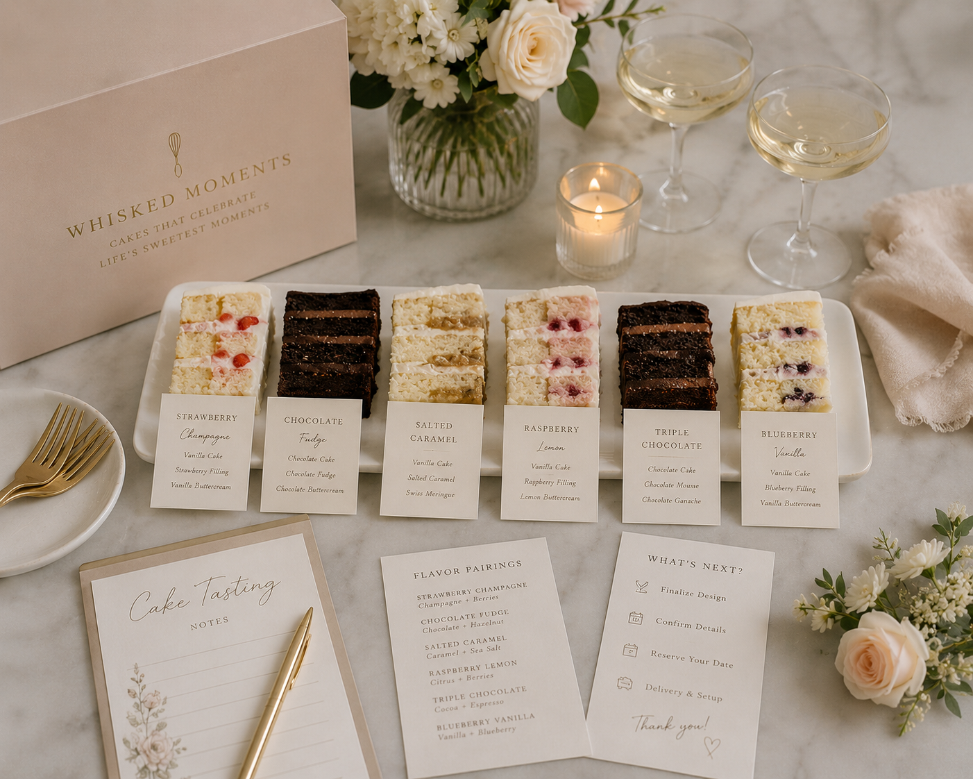 A dessert tray with six types of mini cakes labeled as strawberry, chocolate, salted caramel, raspberry, triple chocolate, and blueberry. Each cake has detailed flavor descriptions on cards. The tray is on a marble table with wine glasses, a candle, flowers, and event notes for a cake tasting event.