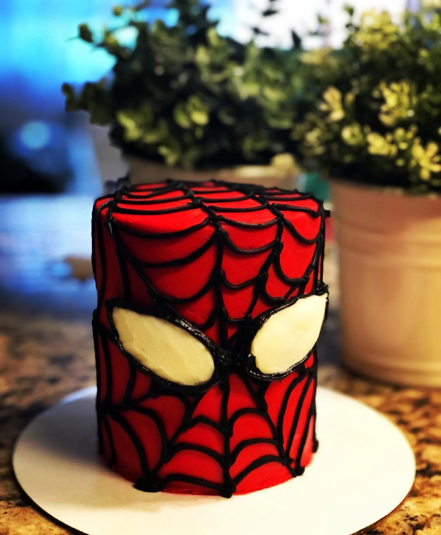 A cake decorated to look like Spider-Man's mask with red icing and black webbing piping, with a white background on a white plate.