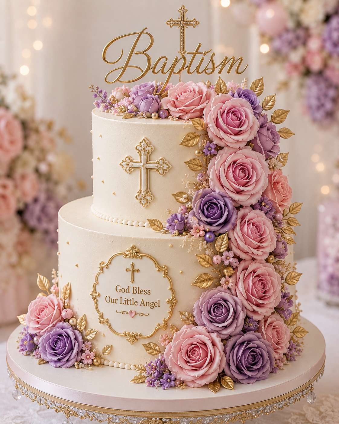 Two-tiered wedding cake decorated with pink and purple flowers, gold leaves, and a cross, with a
