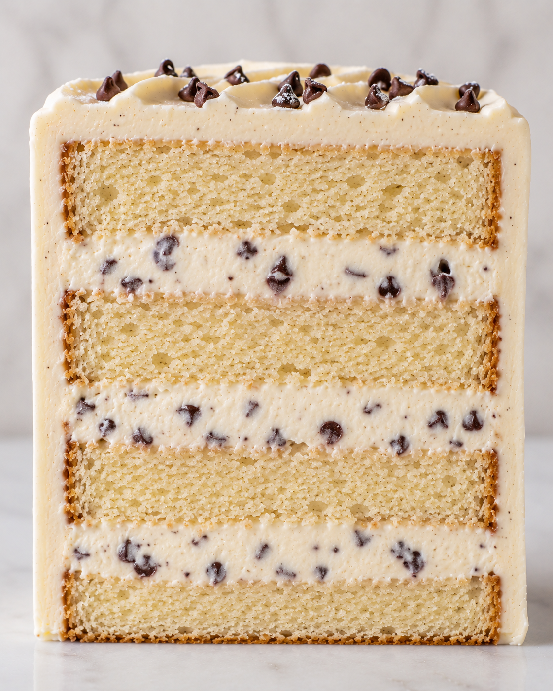 A rectangular layered vanilla cake with white frosting and chocolate chip filling, sliced to show the interior layers.