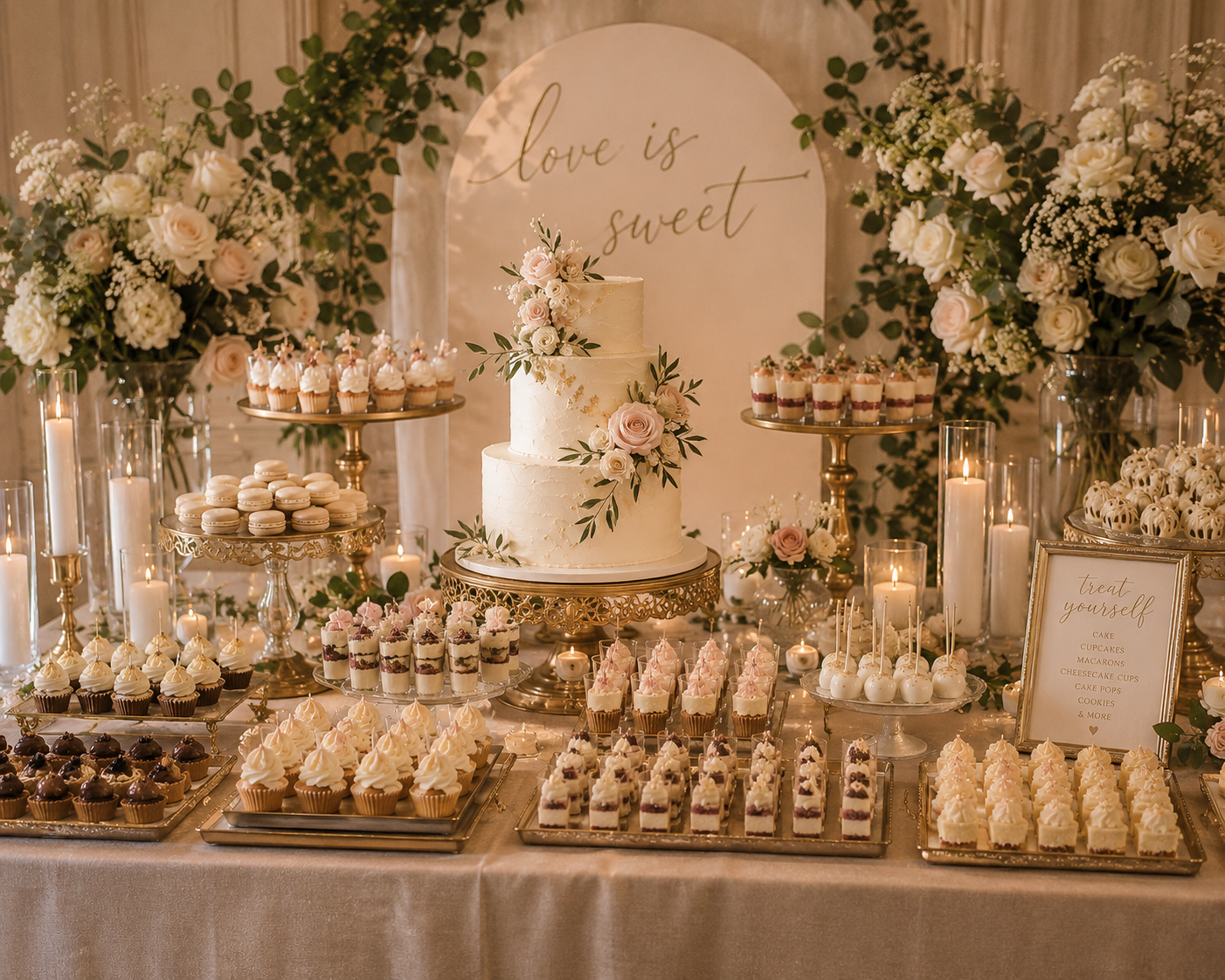 A dessert table with a white two-tier wedding cake topped with pink and white roses, surrounded by an assortment of cupcakes, cake pops, macarons, and other small desserts, decorated with white candles and floral arrangements, and a backdrop with the words 'love is sweet'.